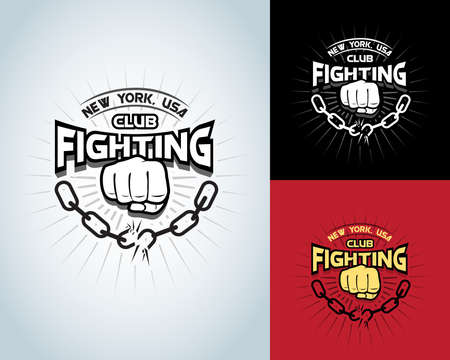 Fighting t-shirt design, logotype, boxing monochrome vector label, badge, logo for hipster flyer, poster or t-shirt print with fist, broken chain, baseball-bat and text.のイラスト素材