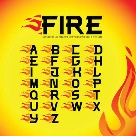 Alphabet fire letters set. Burning flame design element. Corporate branding identity design template on white background. ABC letters collection. Isolated Vector illustrationのイラスト素材