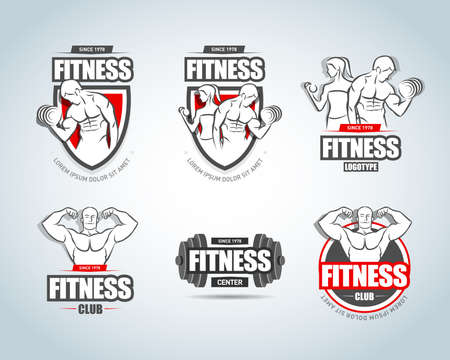 Man woman Fitness templates set. Gym club. Sport Fitness club creative concepts. Gym club. Bodybuilder, Sportsman Fitness Model Illustration, Sign, Symbol, badge.のイラスト素材