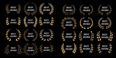 Best award gold award laurel wreath set. Winner label, leaf symbol victory, triumph and success illustration set.のイラスト素材