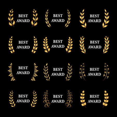 Best award Vector gold award laurel wreath set. Winner label, leaf symbol, triumph and success illustration setのイラスト素材