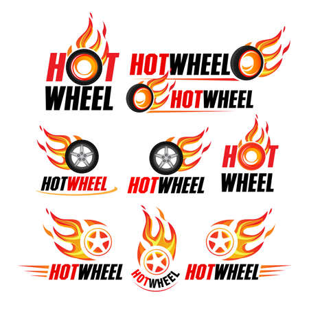 Hot wheel, Racing flat labels set. Blaze and flash logo, emblem, auto transport, flame tire, isolated vector illustrationsのイラスト素材