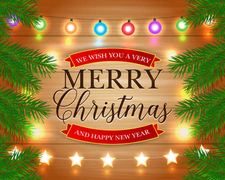 Merry Christmas and Happy New Year card with Lights, Pine branches. Xmas Holiday Greeting Cards Design. Wooden Hand Drawn Background. Vector illustration.のイラスト素材