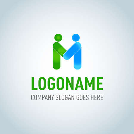 Letter M logo icon design template elements. Handshake abstract logo vector design template. Business creative concept. Deal, contract, team, cooperation symbol icon. Corporate financial sign.のイラスト素材