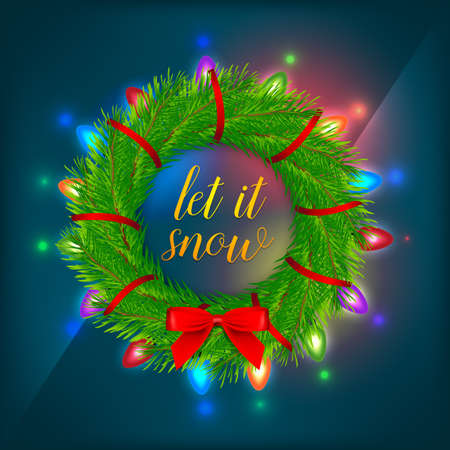 Green Christmas branch with Christmas lights on dark blue background. isolated vector illustration.のイラスト素材