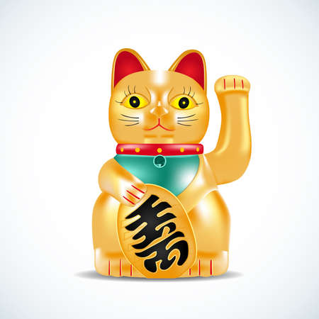 Maneki neko, golden cat. Japanese golden little sculpture. Lucky cat on red circle with fireworks. Vector illustration.のイラスト素材