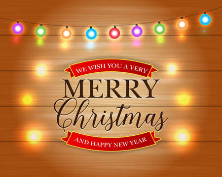 Merry Christmas and Happy New Year card with Christmas Lights Xmas Holiday Greeting Cards Design. Wooden Hand Drawn Background. Vector illustration.のイラスト素材