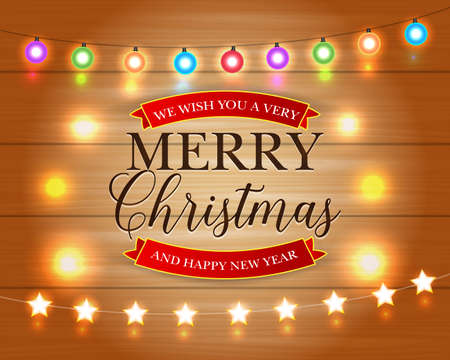 Merry Christmas and Happy New Year card with Christmas Lights Xmas Holiday Greeting Cards Design. Wooden Hand Drawn Background. Vector illustration.のイラスト素材