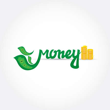 Money lettering logo. Green letters with gold coins. Logotype template for branding and design. Vector illustration.のイラスト素材
