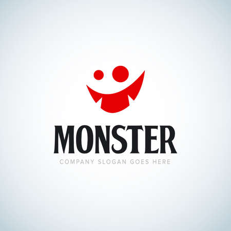 Monster face logo icon. Monster logotype. Open mouth with teeth. Fantasy character mascot. Comic hero. Red Monster icon.のイラスト素材