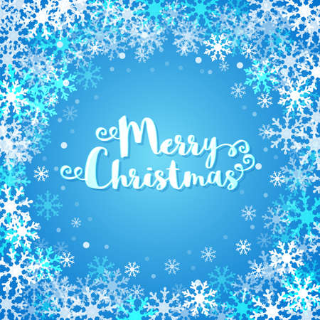 Merry Christmas text with snowflakes. Winter Snowflakes border. Vector illustrationのイラスト素材