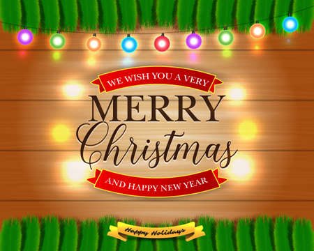 Merry Christmas and Happy New Year card with Christmas Lights, Pine branches. Xmas Holiday Greeting Cards Design. Wooden Hand Drawn Background. Vector illustration.のイラスト素材