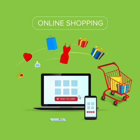 Illustration of buying and shopping online with vector icons. Mobile payment and ecommerce infographics.のイラスト素材