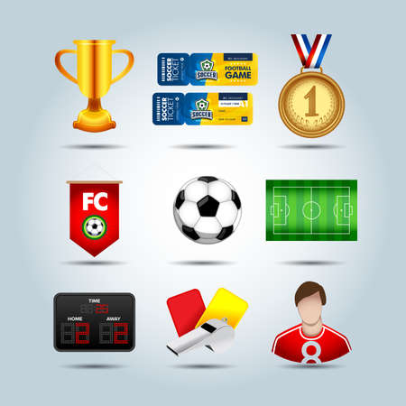 Soccer set of 3d icons with field, ball, trophy, flag banner, medal, scoreboard, whistle, ticket, fottball player isolated vector illustrationのイラスト素材