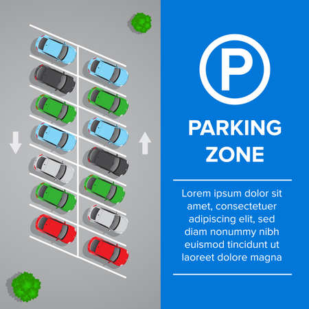 Parking lot, parking sign illustration. Car and transportation, auto park. Cars, top view.のイラスト素材
