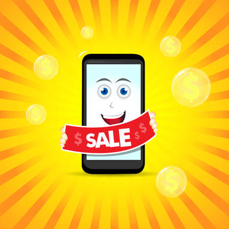 Sale smart phone. Smart phone characters. Vector phone illustration. Smart phone cartoon.のイラスト素材