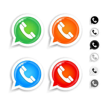 Glossy green, orange, blue, red phone handset in speech bubble vector icons set. Black and white versions. Isolated vector illustrations.のイラスト素材