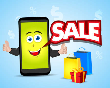Sale smart phone. Smart phone characters. Vector phone illustration. Smart phone cartoon.のイラスト素材