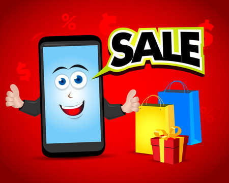 Sale smart phone. Smart phone characters. Vector phone illustration. Smart phone cartoon.のイラスト素材
