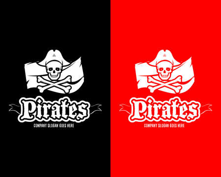 Red and black Pirates Skull logotype template, badge, logo, emblem. Isolated pirate logotype vector illustration.のイラスト素材