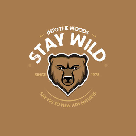 Stay Wild Bear Head print for t-shirt or apparel. Old school graphic for fashion and printing. Retro artwork with outdoor theme, elements and typography. Isolated vector illustration.のイラスト素材