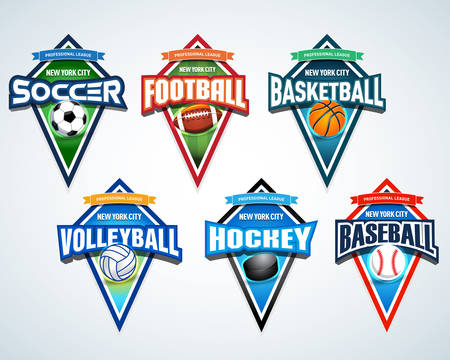 Sport team  emblems, badge, pennants, t-shirt apparel design templates set. Soccer, American football, Basketball, Volleyball, Hockey, Baseball. Vector abstract isolated illustrationのイラスト素材