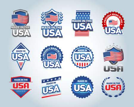 USA and made in the USA icons set. American made. Set of vector icons, stamps, seals, banners, labels, logos, badges. Vector illustration.のイラスト素材