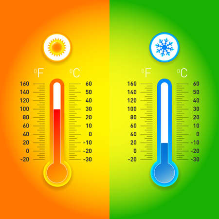 Celsius and fahrenheit meteorology thermometers measuring heat and cold, isolated vector illustration. Thermometer equipment.のイラスト素材