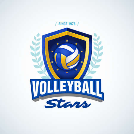 Volleyball stars team logo template. Volleyball emblem, logotype template, t-shirt apparel design. Volleyball ball. Sport badge for tournament or championship.のイラスト素材