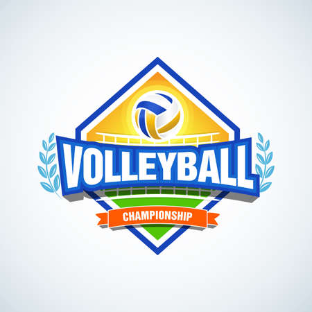 Volleyball team logo template. Volleyball emblem, logotype template, t-shirt apparel design. Volleyball ball. Sport badge for tournament or championship.のイラスト素材