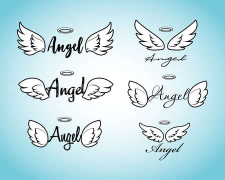 Doodle flying angel wings with halo. Sketch angelic wings. Freedom and religious tattoo vector design isolated on white background. Feather wing flying, heavenly and angelic emblem illustrationのイラスト素材
