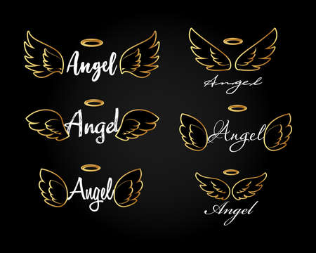 Golden Doodle flying angel wings with halo. Sketch angelic wings. Freedom and religious tattoo vector design isolated on black background. Feather wing flying, heavenly and angelic emblem illustrationのイラスト素材