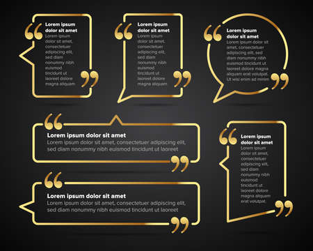 Golden Quote blank templates. Quote bubble. Empty template. Circle business card template, paper sheet, information, text. Print design. Quote form. Template vector set on black backgroundのイラスト素材