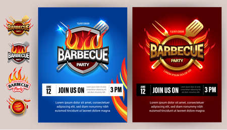 BBQ 2colorful poster template designs, party design, invitation, ad design. Barbecue logo. BBQ template menu design. Barbecue Food flyer. Barbecue advertisement.のイラスト素材