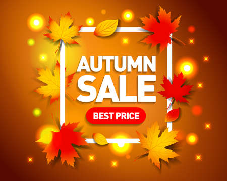 Autumn sale advertisement template. Autumn season background with falling autumn leaves. Isolated Vector illustrationのイラスト素材