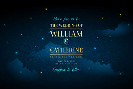 Magic night dark blue sky with sparkling stars vector wedding invitation. Andromeda galaxy. Gold glitter powder splash background. Golden scattered dust. Midnight milky way. Fairytale magic card.のイラスト素材