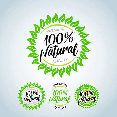 100% Natural Vector Lettering Stamp Illustration. Nature logo, green leaves icon, line stylized, round emblem, modern design, tree foliage logotype templateのイラスト素材