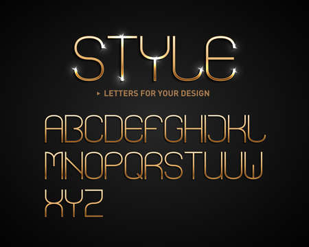 Golden glossy thin fashion vector font or gold alphabet with shadow. Yellow metal typeface. Metallic golden abc, alphabet typographic luxury illustration.のイラスト素材