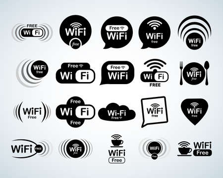 Free wifi logo set. Free wifi signs set. Wifi symbols. Wireless Network icons. Wifi zone. Modern UI website navigation. Isolated Vector illustrations.のイラスト素材