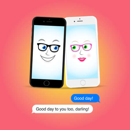 Love of two cute smatrthones, talking, sms messenging with other. Black and white smartphonesのイラスト素材
