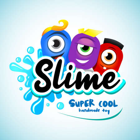 Cartton Slime logo. Cartoon monster slime characters with letters, splashes and smudges. Drops slime isolated on white background.