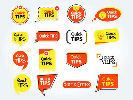 Quick tips mega set, helpful tricks vector logos, emblems and banners vector set isolated. Helpful idea, solution and trick illustrationのイラスト素材