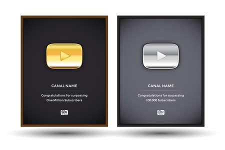 Golden and silver  award buttons set in frames. Gold button video player. Silver button video player. Isolated vector illustration.のイラスト素材