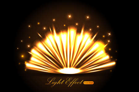 Gold Light effect. Vector shining golden bright light. Gold shine burst with sparkles illustration isolated on black backgroundのイラスト素材
