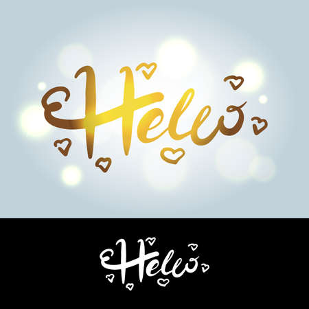 Hello in hand drawn style in golden and black and white colors. Hello world. Lettering design concept.Hand lettering typography. New year party. Hello quote message bubble. Hello symbol.のイラスト素材