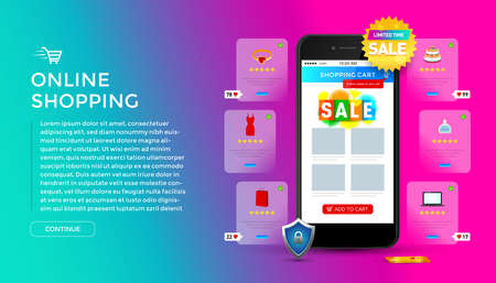 Online shopping on application and website concept, digital marketing online, shopping cart with new items on smartphone screen.のイラスト素材
