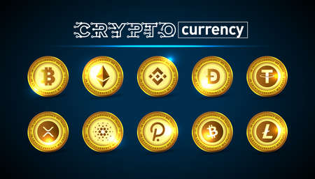Crypto currency top gold coins: Bitcoin (BTC), Ethereum (ETH), Binance coin (BNB), Dogecoin (DOGE), Tether (USDT), XRP (XRP), Cardano (ADA), Polkadot (DOT), Bitcoin cash (BCH), Litecoin (LTC).のイラスト素材