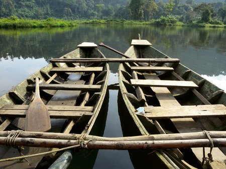 Wooden boat at the lakeの写真素材