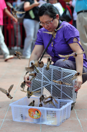 Old woman release birds in chinese lunar new year celebrationのeditorial素材