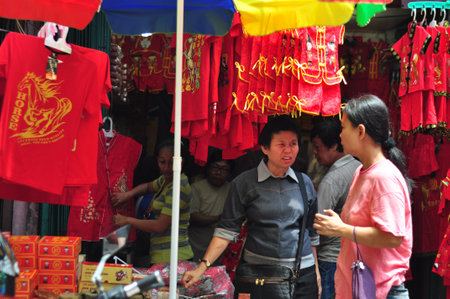 Jakarta, Indonesia - January 26, 2014 : Chinese citizens in Jakarta are looking for Chinese New Year accessories at Chinatown Market, Glodok, Jakarta - Indonesiaのeditorial素材